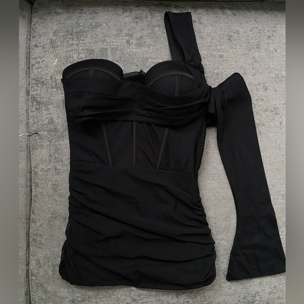 Oh Polly One-Shoulder Black Ruched Bodycon Dress